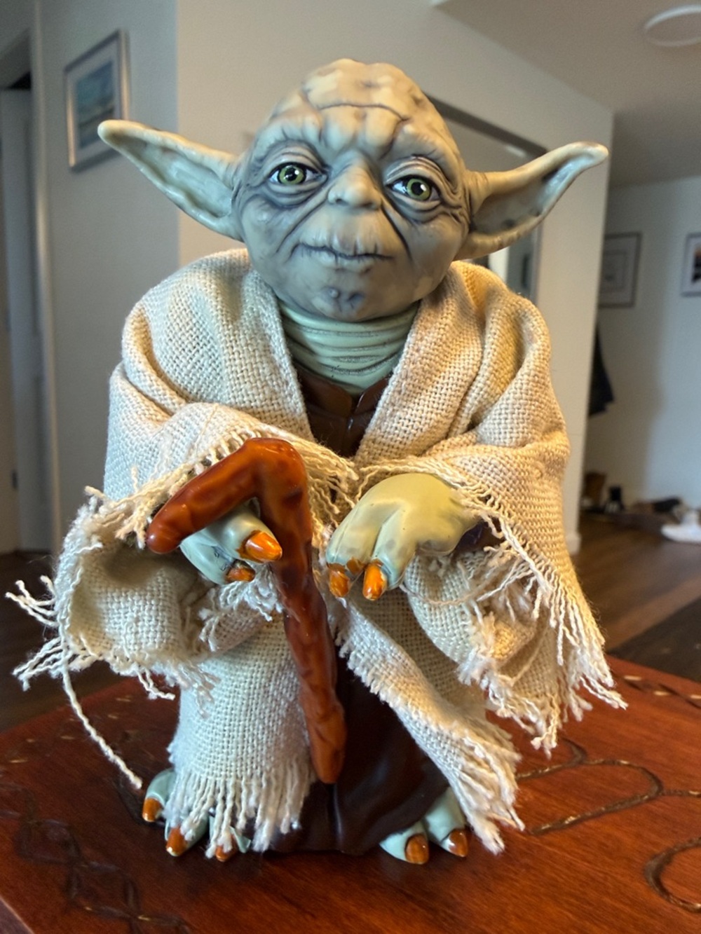 1997 Yoda collectable doll (movable) with Beige Robe, belt and cane.